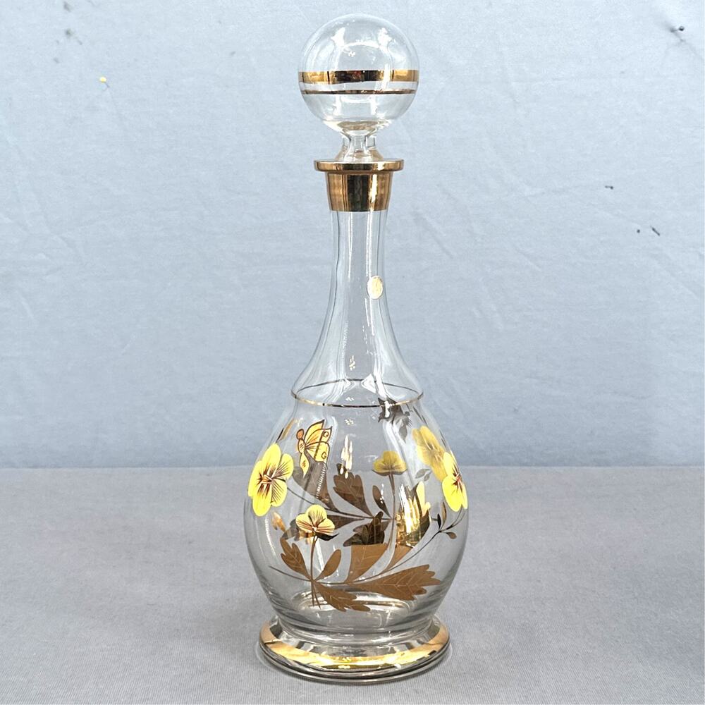 VTG Wine Decanter 15 Floral Hand Painted Romanian Crystal Gold Yellow MCM Carafe